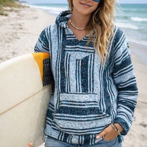 Blue and teal Iguana Jack Baja style Mexican blanket hoodie